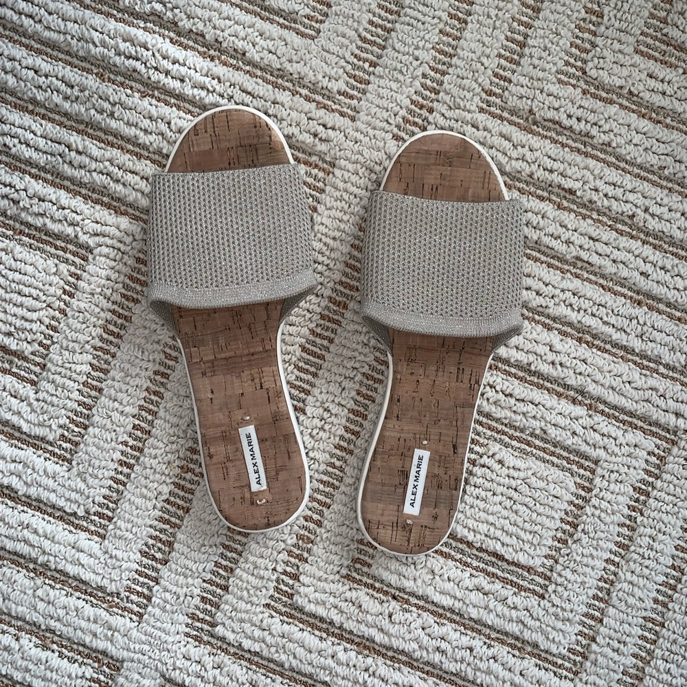 Alex Marie Slide Sandals Tan Gold Sparkle